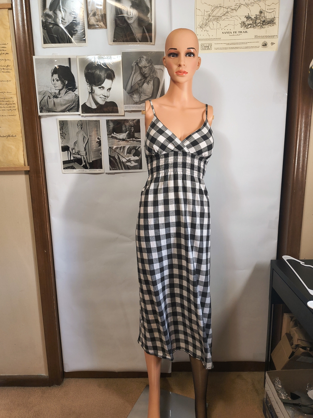 Dots Black White Gingham Smocked Midi Dress Size Medium